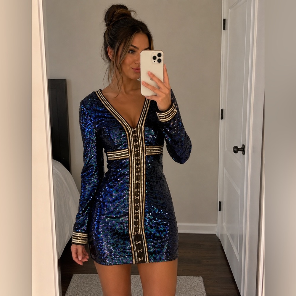 Boohoo All Eyes On Me Sequin Mini Dress Blue Black Size 8